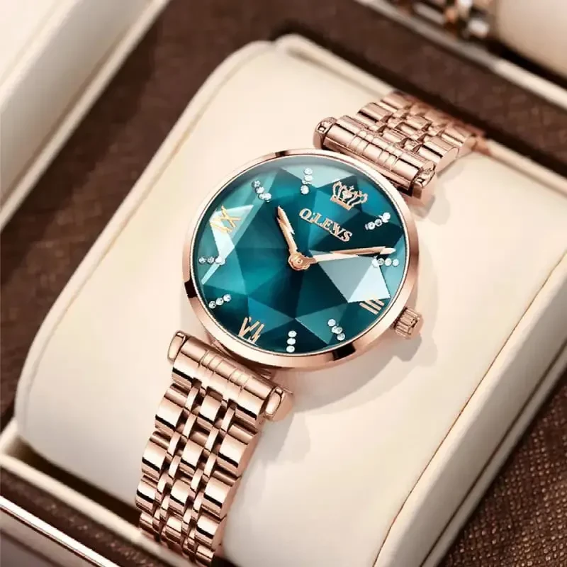 Olevs Luxury Green Diamond Dial Rose Gold Ladies Watch | 6642